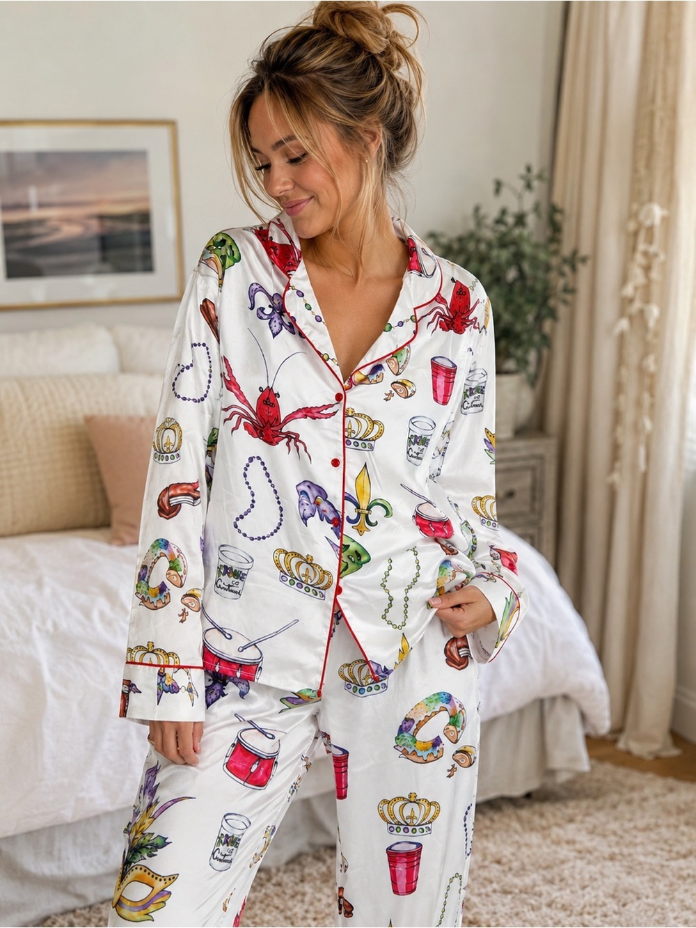 Sheshow Mardi Gras Satin Pajama Set Small NWT Carnival Crawfish Mask Lounge Set